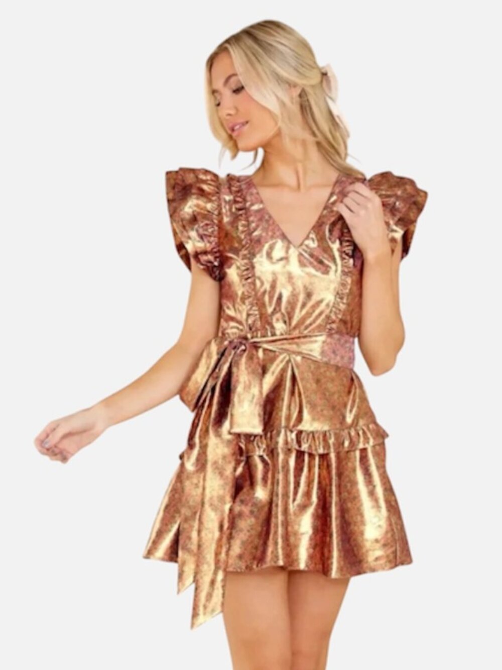 LoveShackFancy Zoya Metallic Floral Ruffled Mini Dress